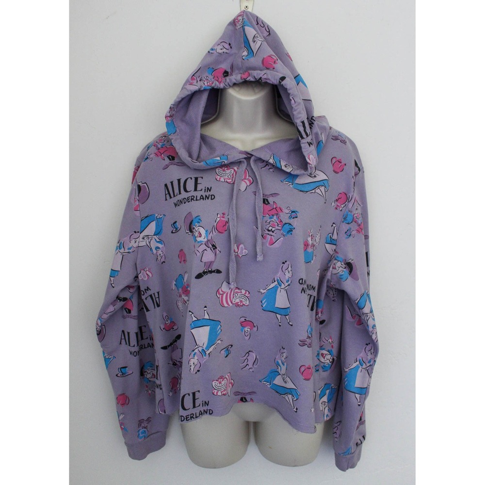 Disney Alice in Wonderland Hoodie Women XXXL Purple Print Crop Sweatshirt